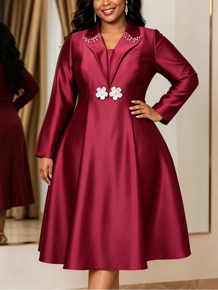AOMEIDRESS Women Satin A Line Dress Square Collar Beaded Long Sleeve