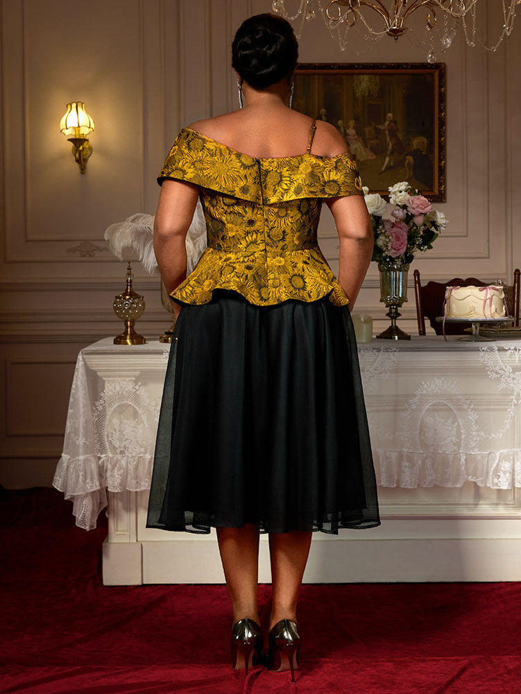 AOMEIDRESS Two Piece Set Jacquard Off Shoulder Tops With A Line Skirt