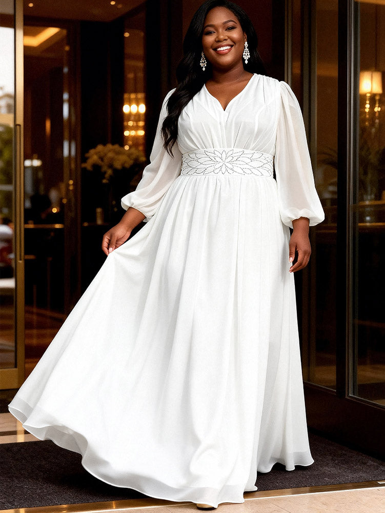 AOMEIDRESS White Chiffon A Line Dresses V Neck Puff Sleeves Waistband