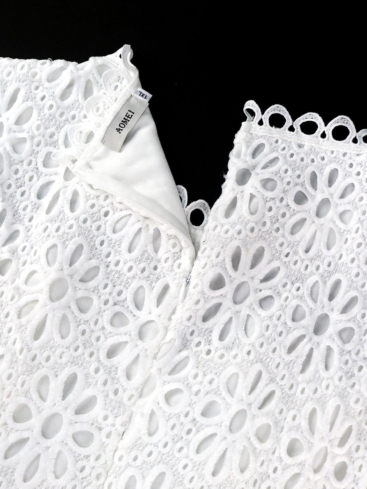 AOMEIDRESS White Lace Patchwork Half Lantern Sleeves Hollow Out Pleated Dress