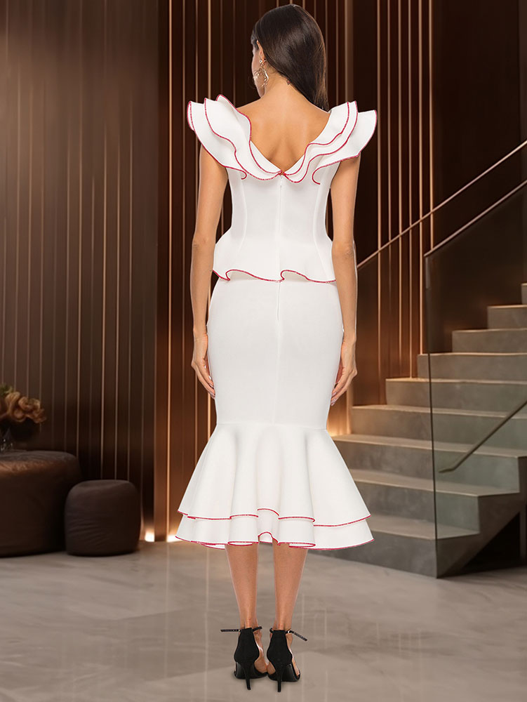 AOMEIDRESS Colorblock Two Piece Set Ruffles Top Mermaid Skirt