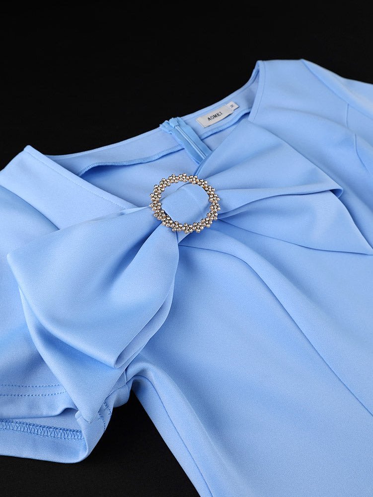 AOMEIDRESS Elegant Bodycon Dress Irregular Neck Short Sleeves Big Bow