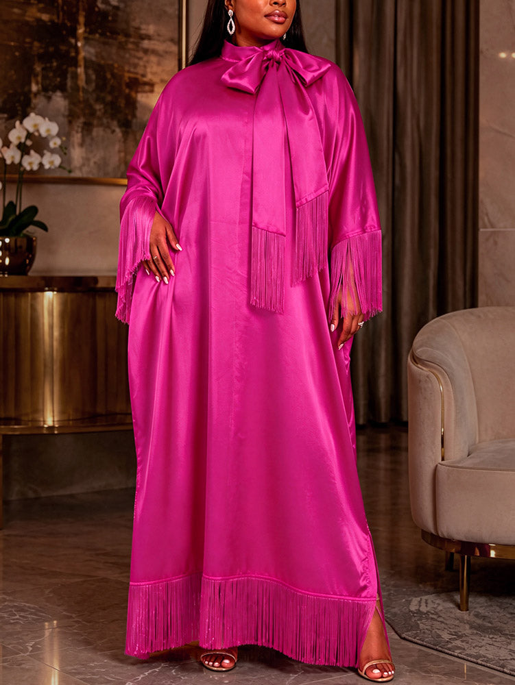 AOMEIDRESS Bubu Dresses Satin Fringe Tie Neck Long Sleeve Loose Maxi