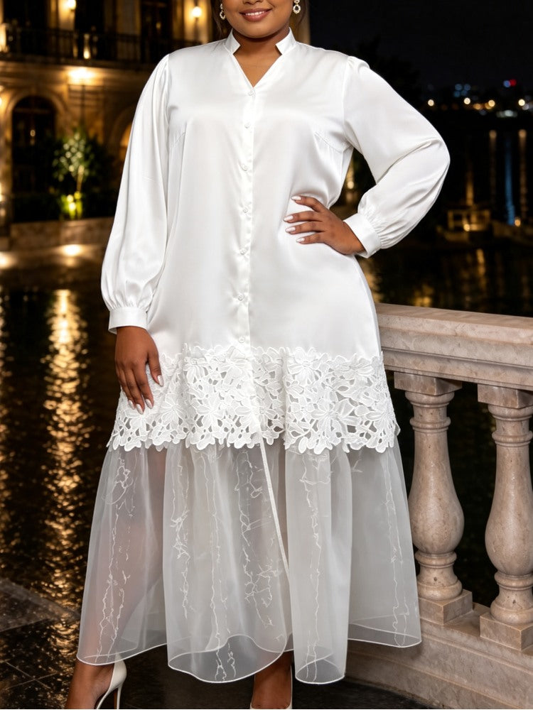 AOMEIDRESS Elegant Women Shirt Dress Short Sleeve Satin Spliced Lace
