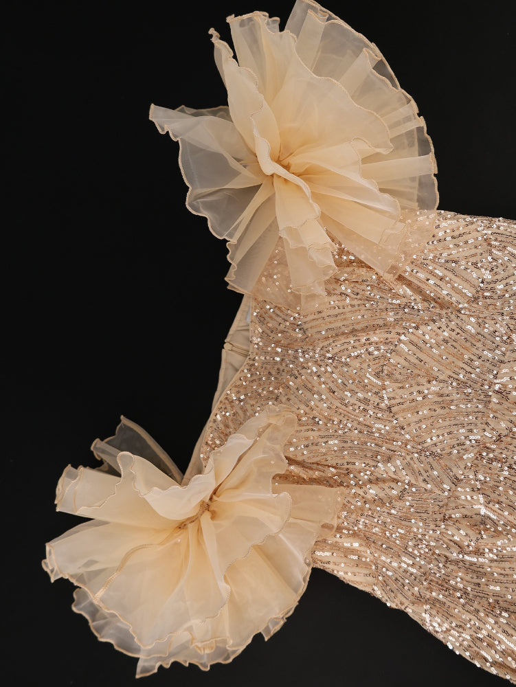 AOMEIDRESS Shiny Sequins Wedding Guest Dresses Slash Neck 3D Ruffles