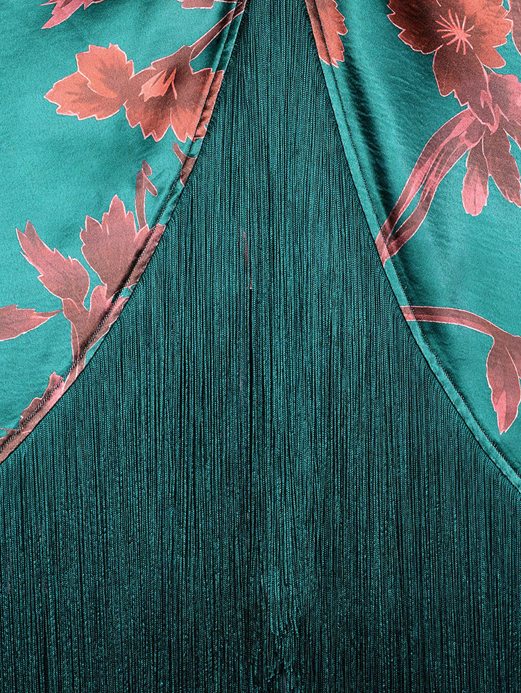 AOMEIDRESS Satin Printer BuBu Dress V Neck Long Batwing Sleeve Fringe