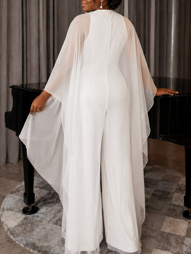 AOMEIDRESS Women Jumpsuits V Neck Mesh Batwing Sleeves Long Wide Leg