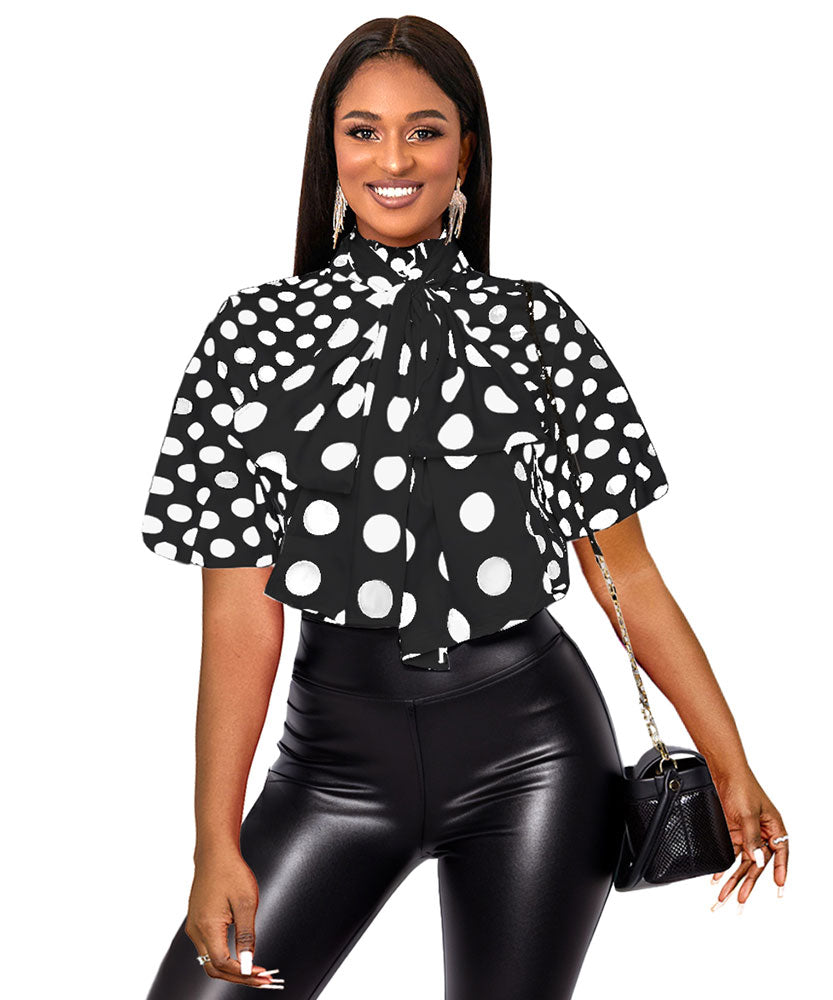 AOMEIDRESS Elegant Polka Dot Causal Blouse Bow Neck Short Sleeves