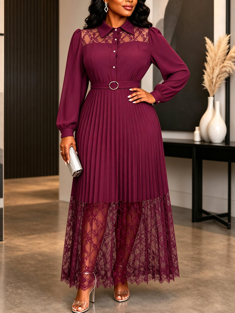 AOMEIDRESS Lace Pleated Dress Turn Down Collar Lantern Sleeve Button