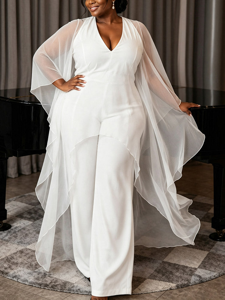 AOMEIDRESS Women Jumpsuits V Neck Mesh Batwing Sleeves Long Wide Leg
