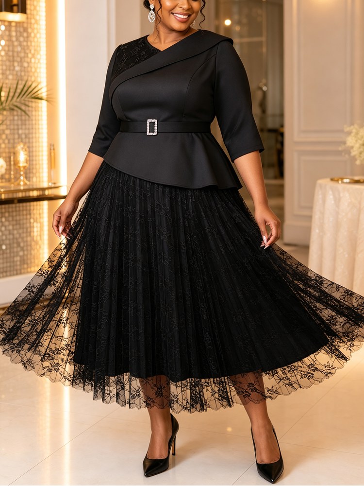 AOMEIDRESS Lace Dress Notched 3/4 Sleeve Rhinestone Waist Pleated