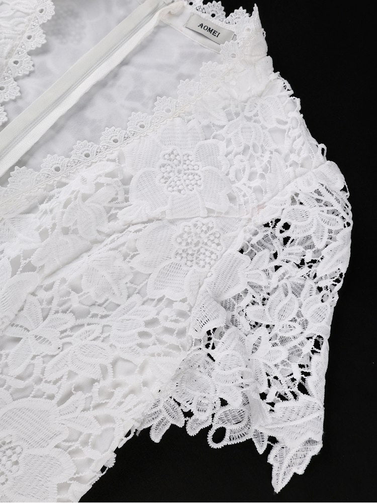 AOMEIDRESS Lace Midi A-line Dress V Neck Short Sleeve Wedding Party
