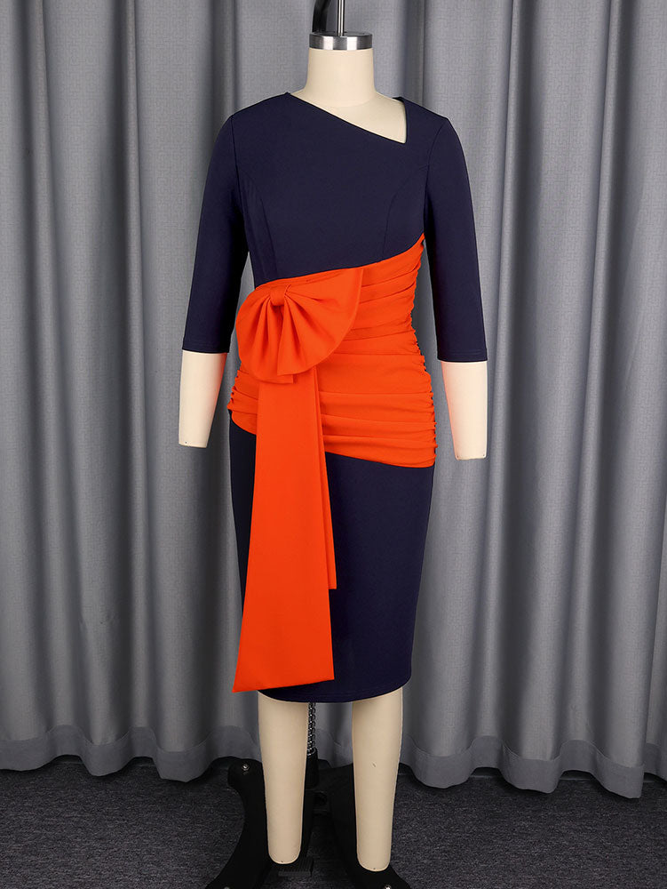 AOMEIDRESS Elegant Color Block Bow Long Sleeve Dress for Party Office