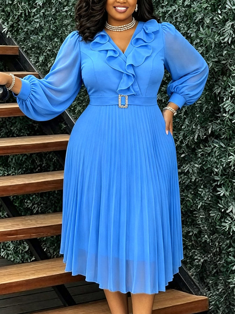 AOMEIDRESS Chiffon Plated A Line Dresses Ruffled V Neck Puff Sleeve