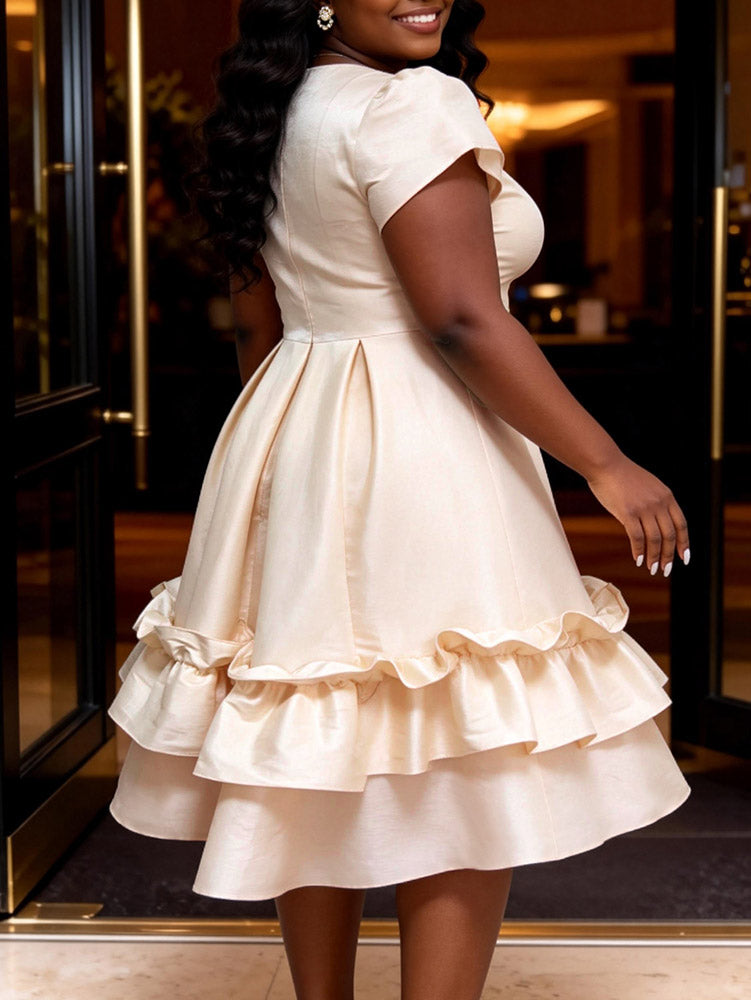 AOMEIDRESS Princess Dress Sweetheart Neck Short Sleeve Ruffle Layered