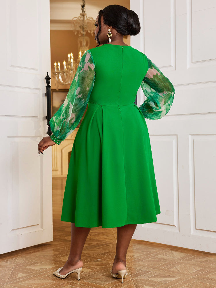 AOMEIDRESS Nail Bead A-line Dress O Neck Mesh Patchwork Bubble Sleeve