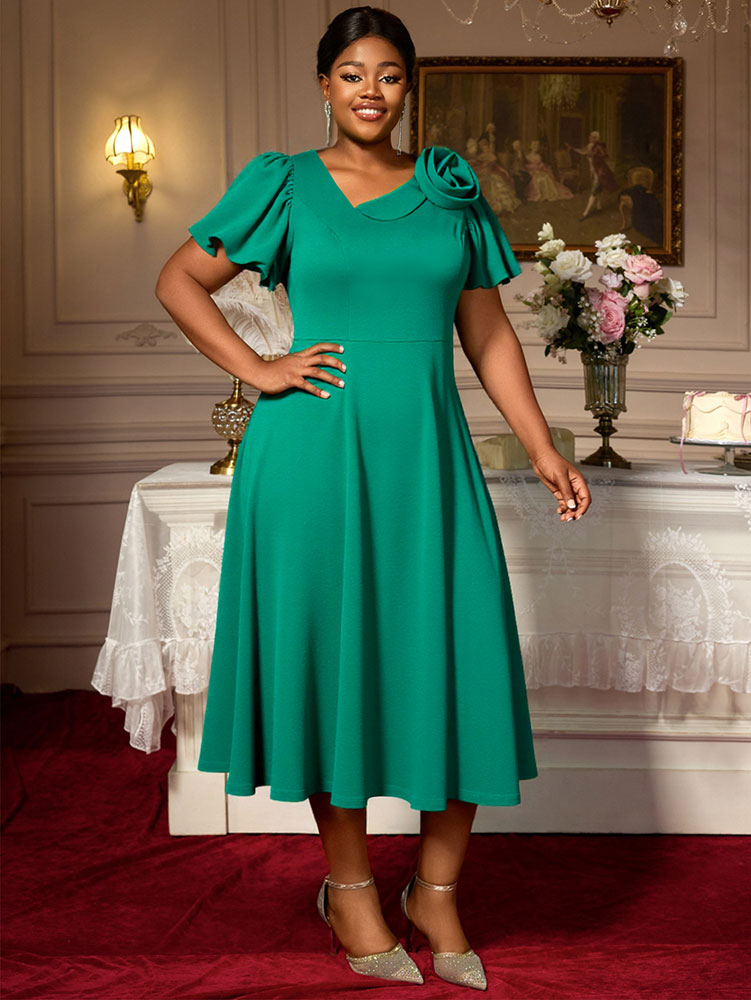 AOMEIDRESS Green A Line Church Dress 3D Floral Shoulder Causal Wear