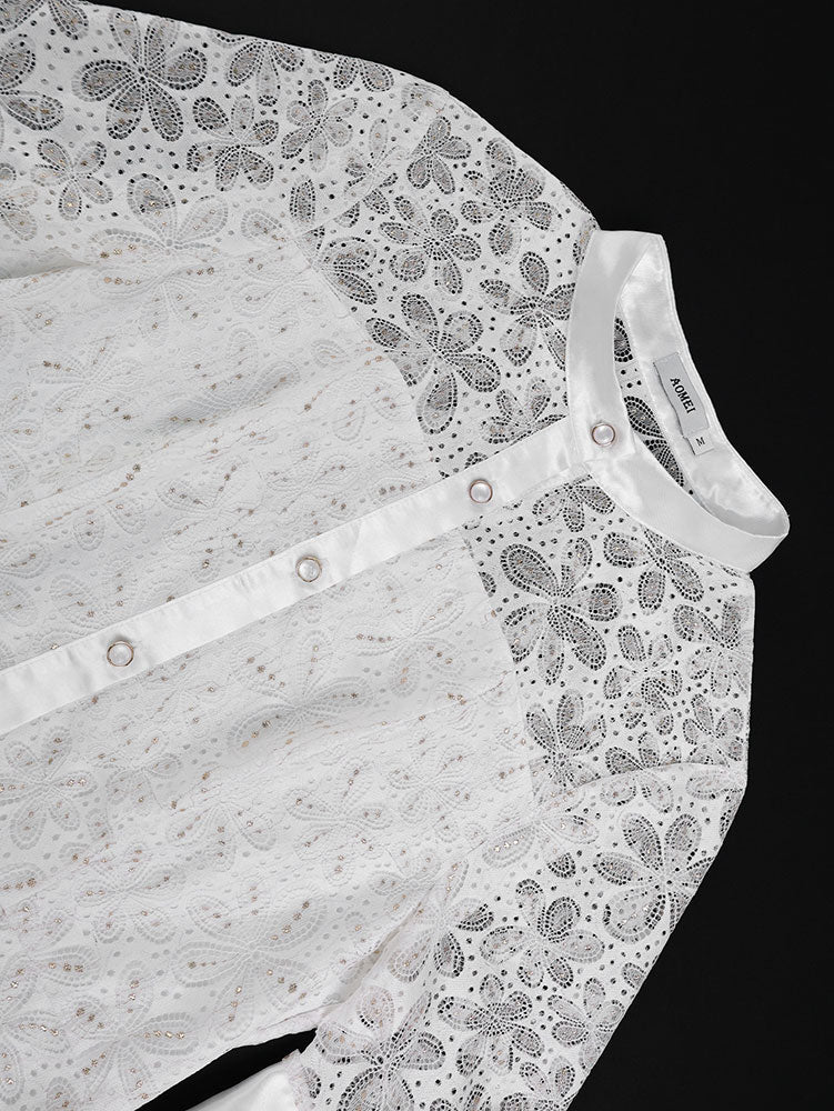 AOMEIDRESS White A Line Lace Dress with Stand Collar Flare Sleeves