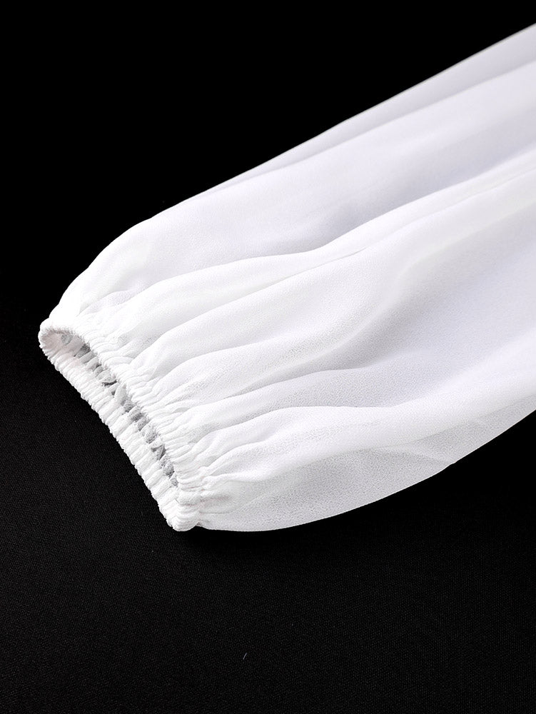 AOMEIDRESS White Chiffon A Line Dresses V Neck Puff Sleeves Waistband
