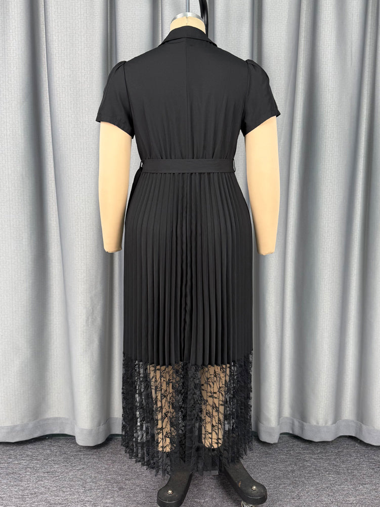 AOMEIDRESS Women A Line Dress Sheer Lapel Collar Pleated Lace Button