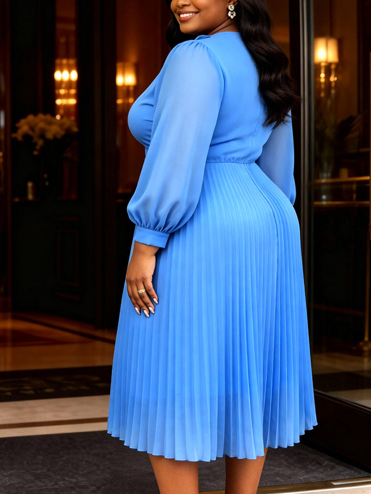 AOMEIDRESS Chiffon Plated A Line Dresses Ruffled V Neck Puff Sleeve