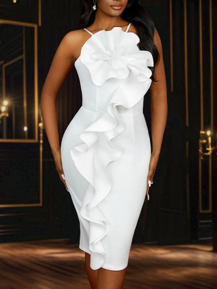 AOMEIDRESS Sexy Halter Bodycon Dress Ruffles for Event Party Weddings White / S