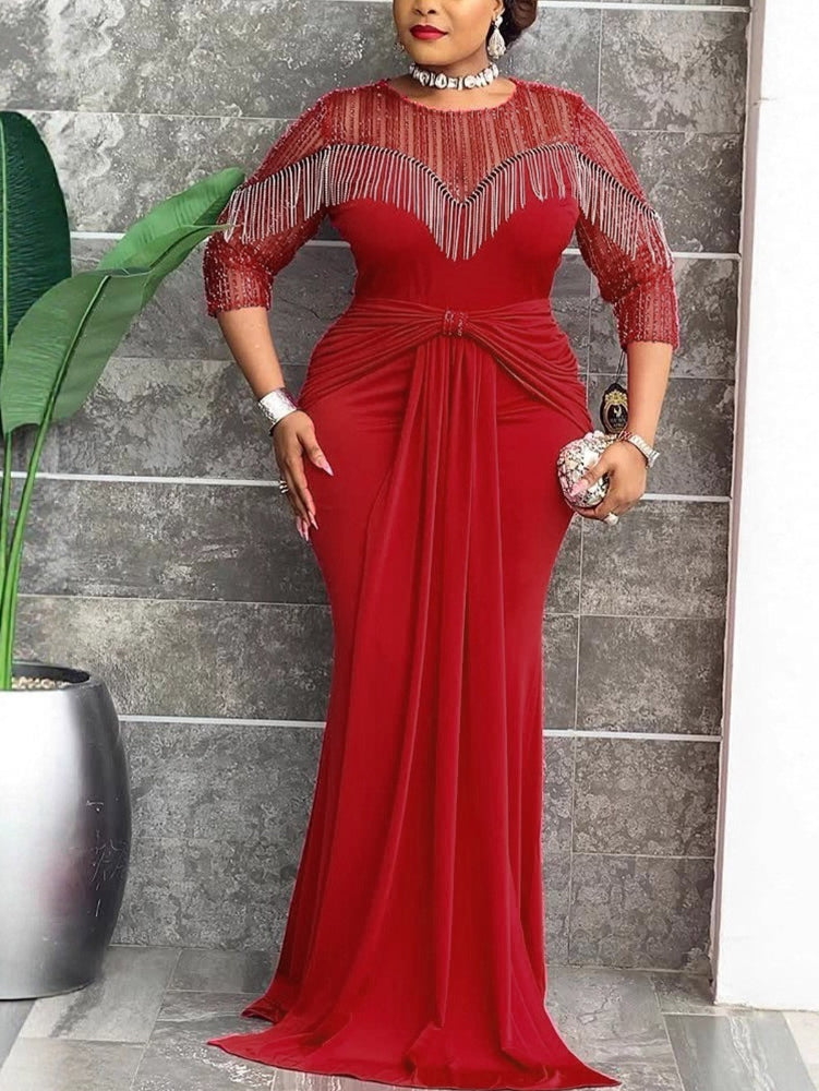 AOMEIDRESS Mermaid Dress Patchwork O Neck Fringe Sheer Sequin Sleeves