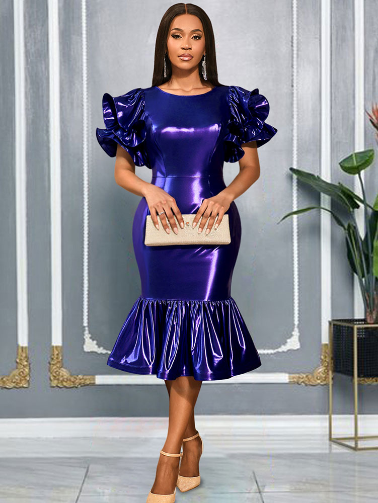 AOMEIDRESS DarkBlue Bodycon Mermaid Dress Ruffle Sleeve Party Gowns