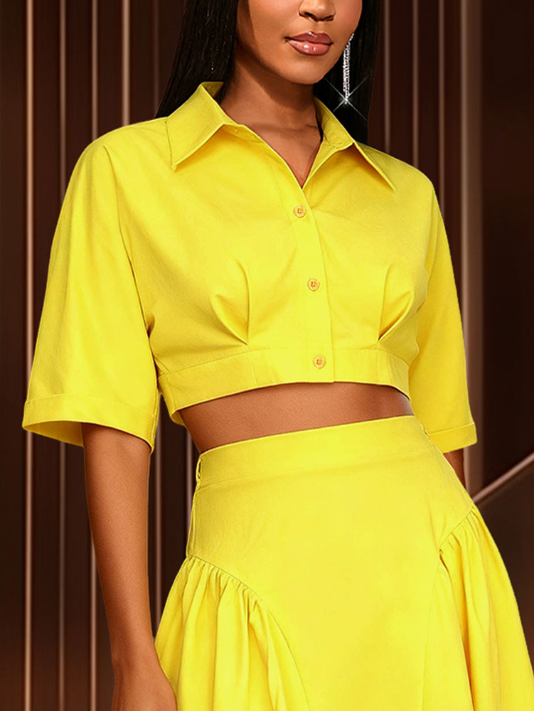 AOMEIDRESS Chic Yellow Cropped Button Up Shirt Turn Down Collar Tops