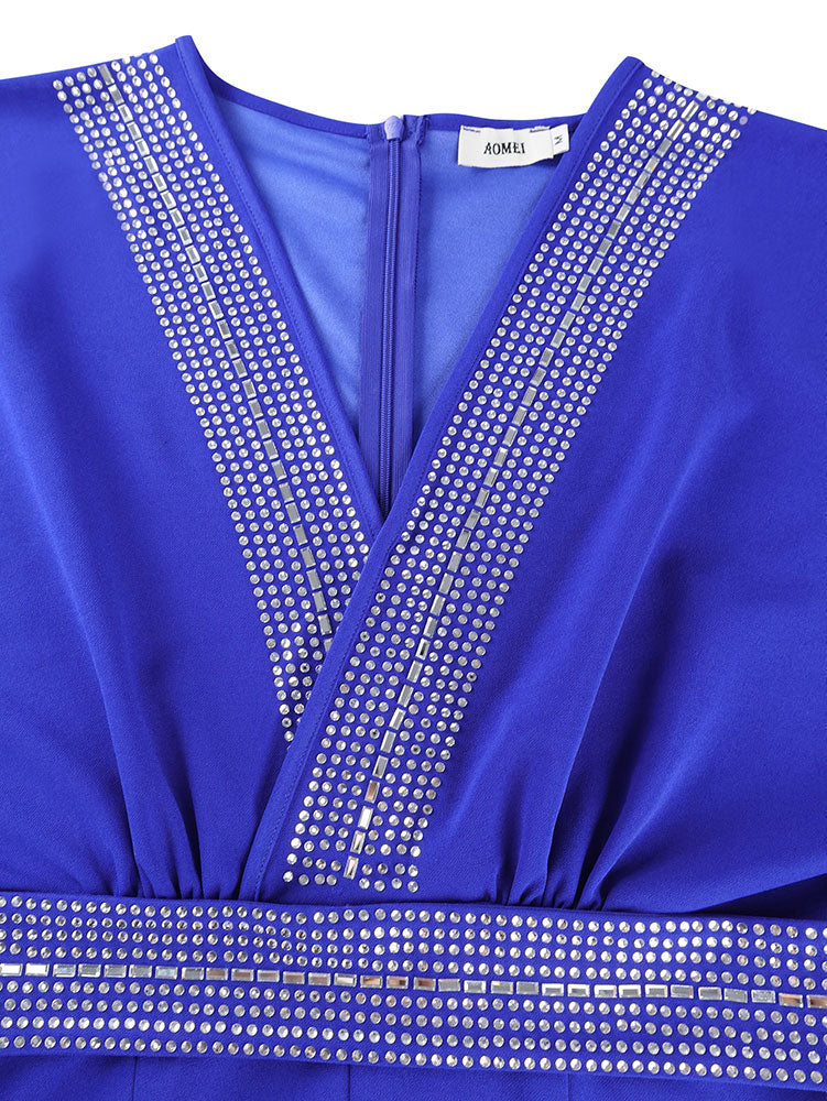 AOMEIDRESS Blue Bodycon Dress V Neck Rhinestone Belt Slit for Party