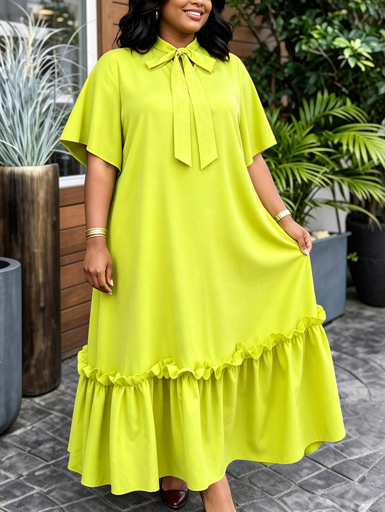 AOMEIDRESS Women Loose Long Dresses Ruffles Hem Africa Solid Church
