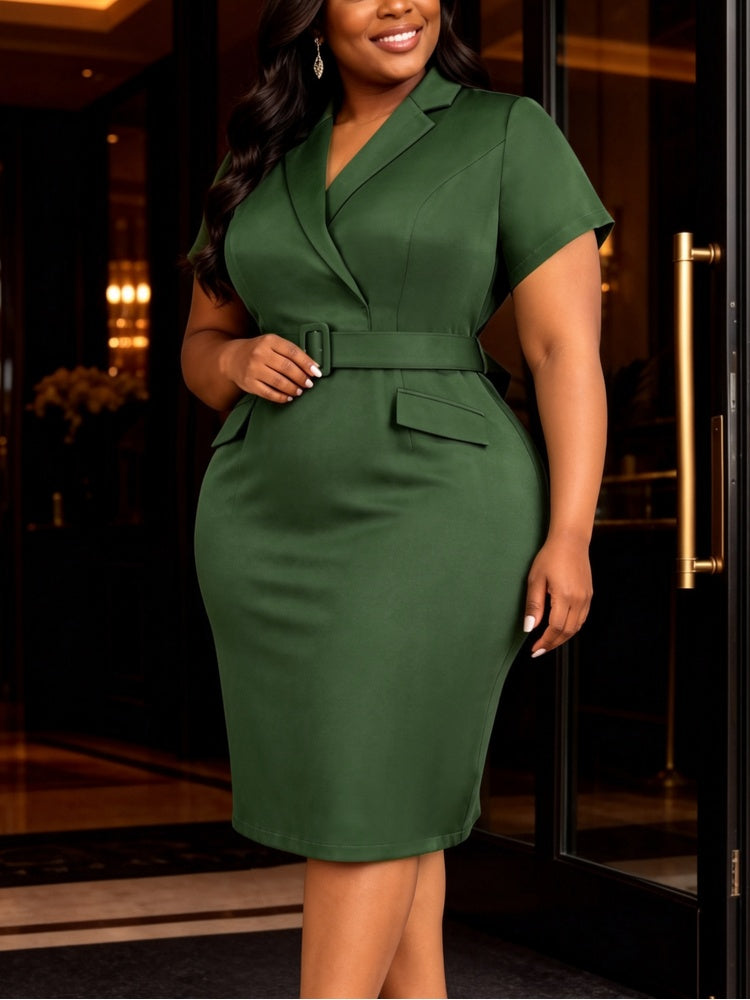 AOMEIDRESS Women Blazer Dress Notched Collar Short Sleeve Belt Office