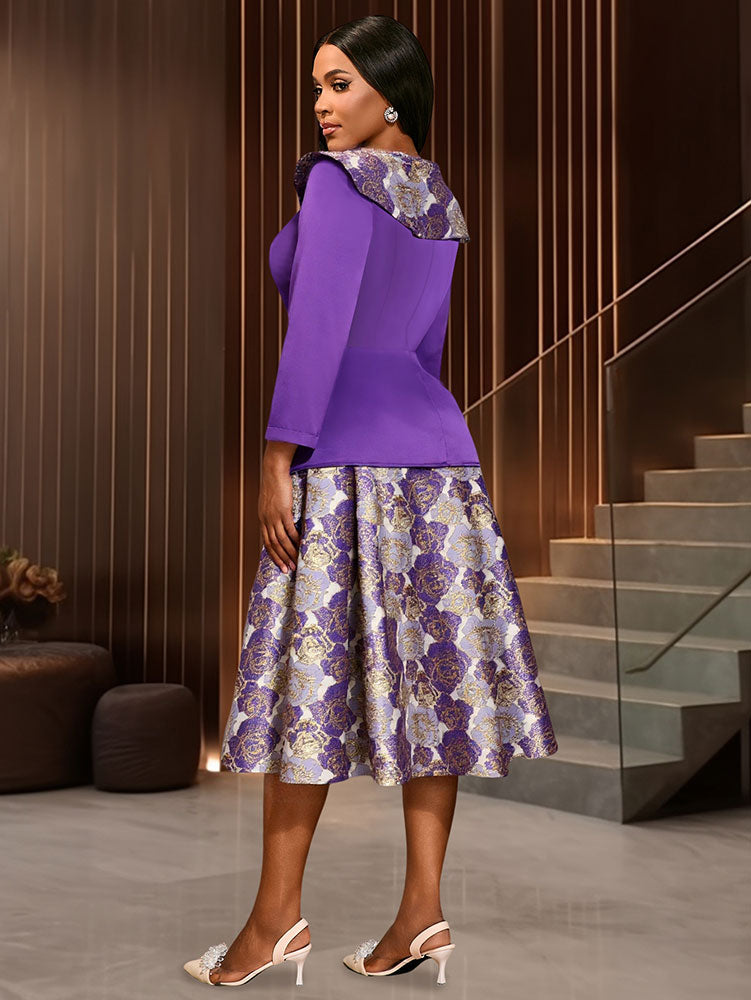 AOMEIDRESS Elegant Jacquard Two Piece Set Peplum Top A Line Skirt