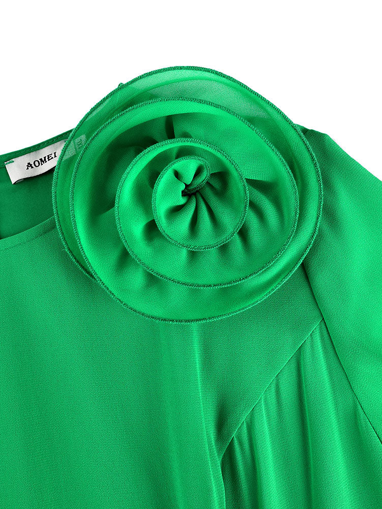 AOMEIDRESS Chiffon Pleated Dress with Layered Ruffles 3D Flower Belt