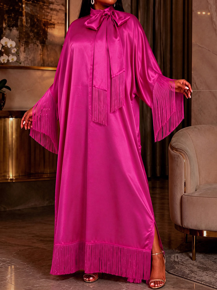 AOMEIDRESS Bubu Dresses Satin Fringe Tie Neck Long Sleeve Loose Maxi
