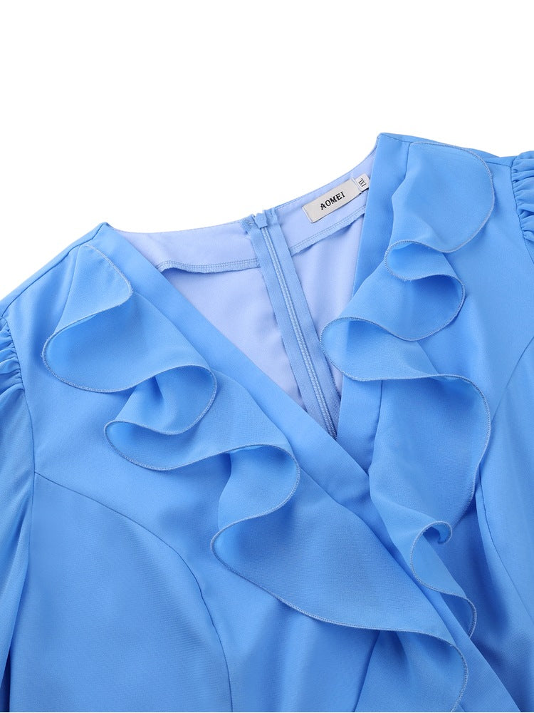 AOMEIDRESS Chiffon Plated A Line Dresses Ruffled V Neck Puff Sleeve