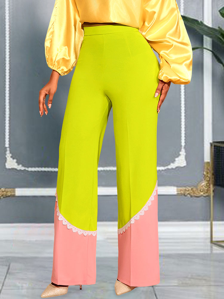 AOMEIDRESS Stylish Colorblock Wide Legged Pants Lace Trim Causal Wear
