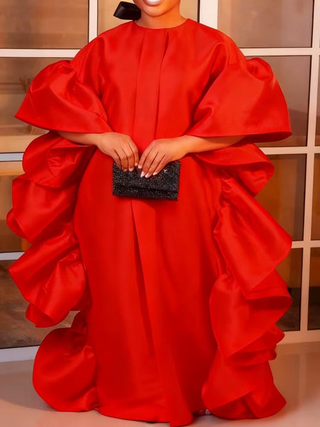 Women Shiny Bubu Dresses O Neck Ruffles Traditional Africa Kaftan