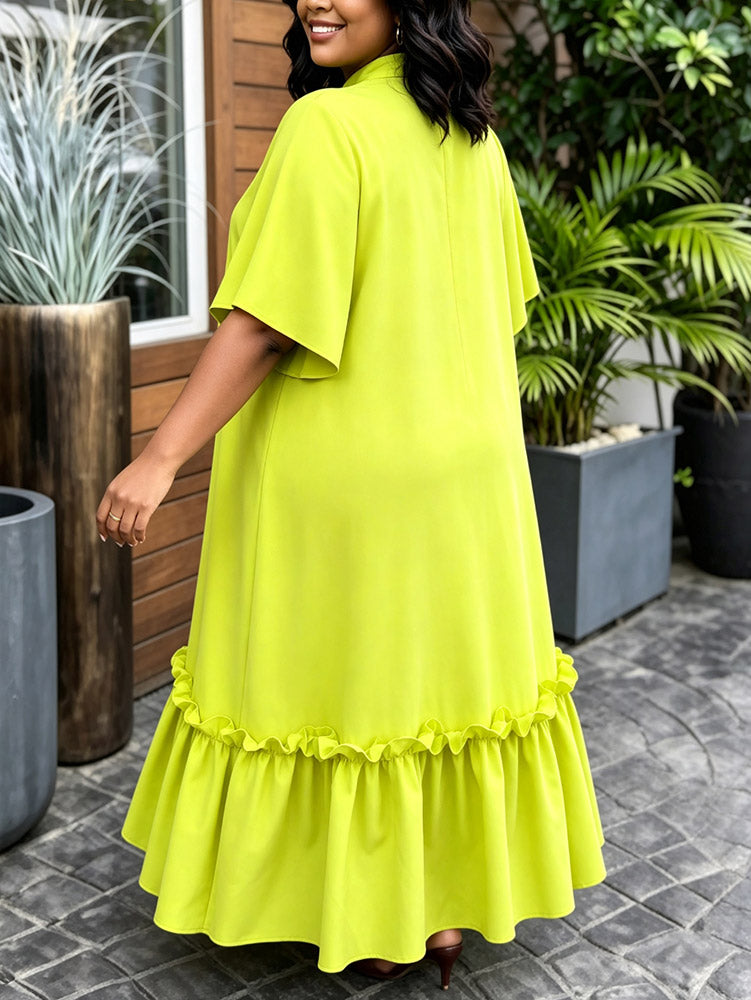 AOMEIDRESS Women Loose Long Dresses Ruffles Hem Africa Solid Church