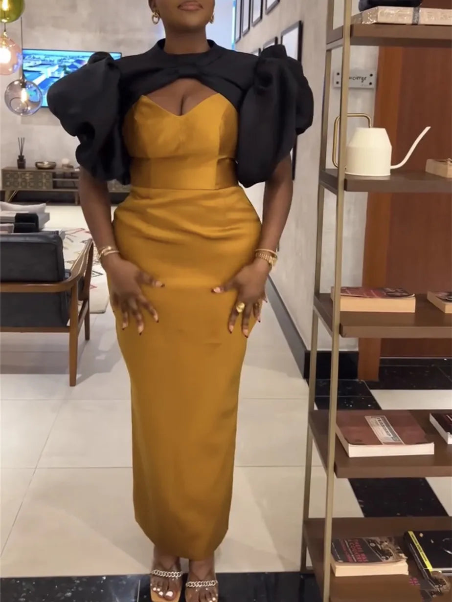 Customized Dresses Patchwork Cut Out Chest Puff Sleeves Color Block Wedding Guest