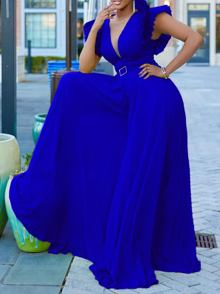 Women Wide Leg Jumpsuits Pleated High Waist V Neck Ruffles African Female One Piece Rompers