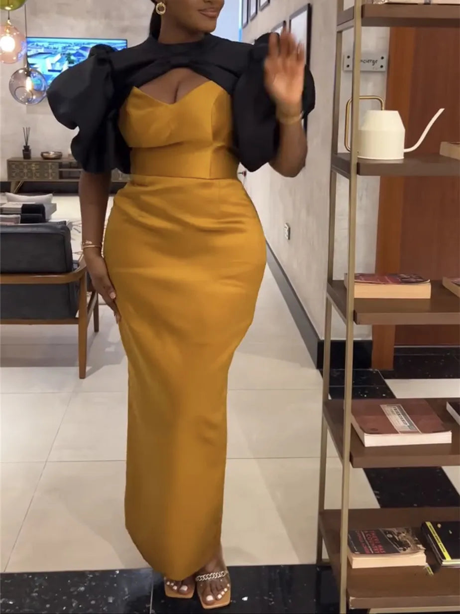 Customized Dresses Patchwork Cut Out Chest Puff Sleeves Color Block Wedding Guest