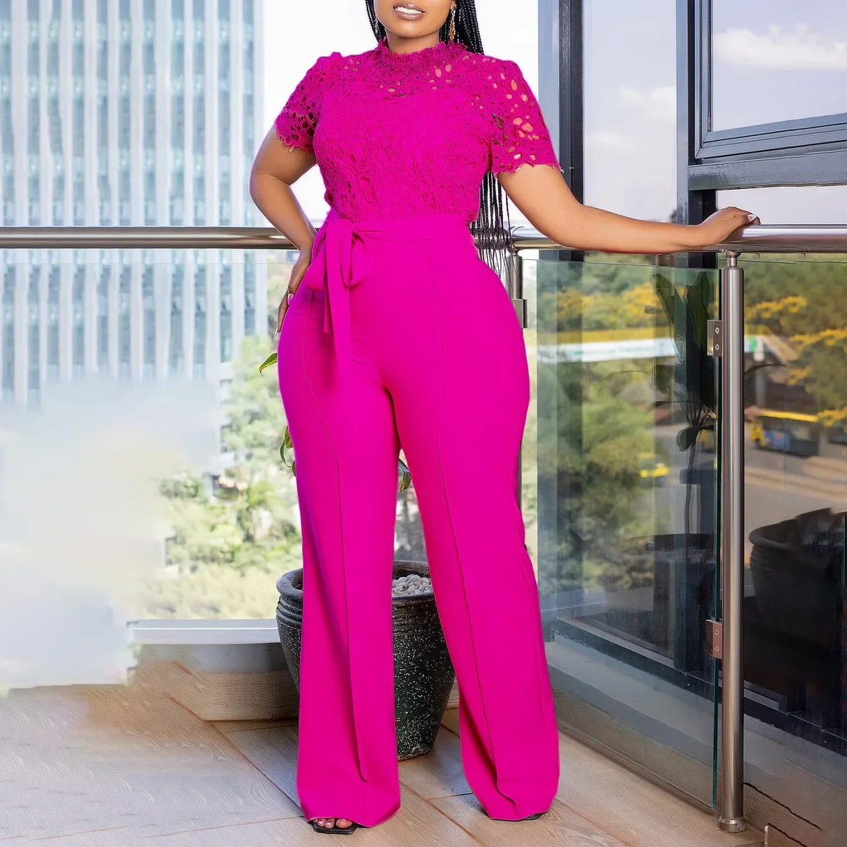 Pink Lace Jumpsuit Women Patchwork High Waist Wide Leg Waist Belt Modest Rose Red / S