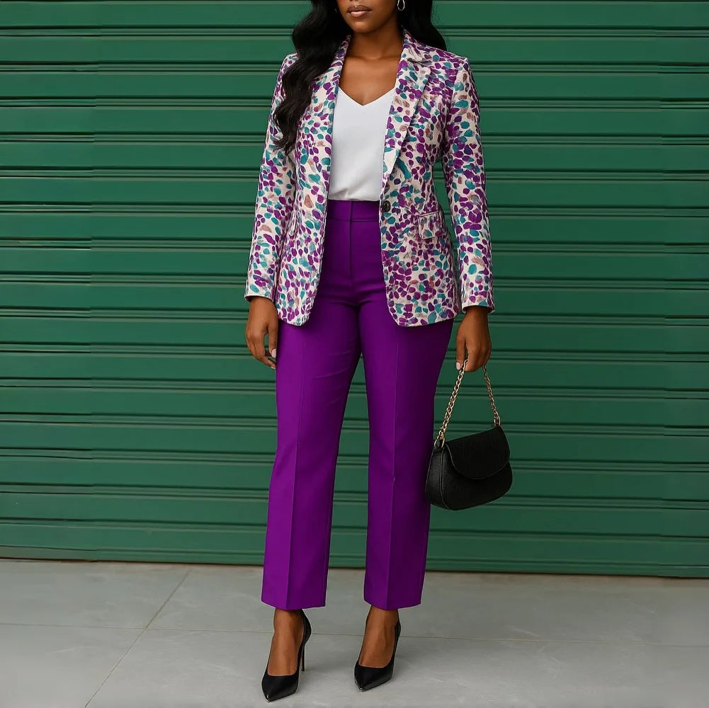 Elegant Two Piece Set Women Print Blazer High Waist Ankle-Length Pants