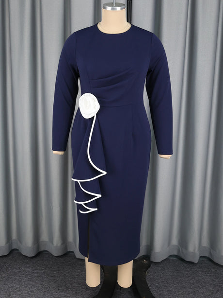 AOMEIDRESS Elegant Navy Bodycon Ruffles Church Dress with 3D Flower