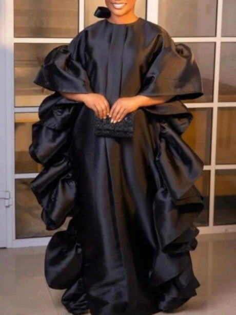 Women Shiny Bubu Dresses O Neck Ruffles Traditional Africa Kaftan