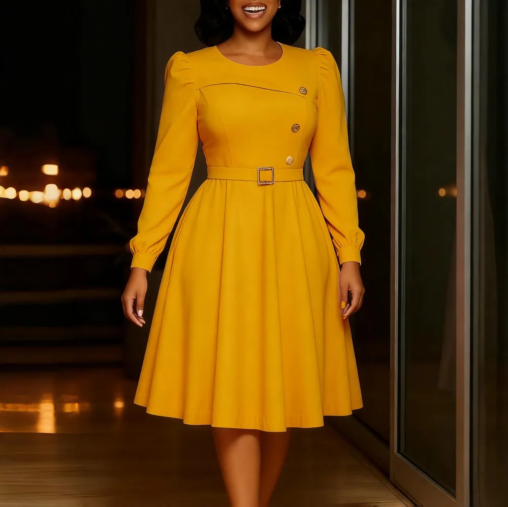 Elegant Church Women A Line Dresses O Neck Long Sleeve Waist Belt High Waist Pleated