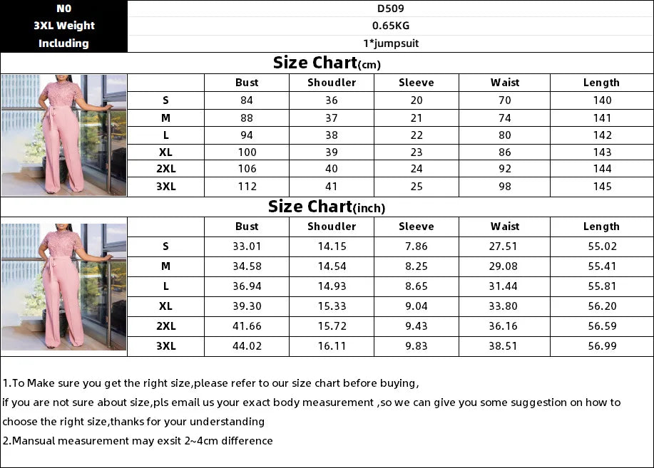 Pink Lace Jumpsuit Women Patchwork High Waist Wide Leg Waist Belt Modest