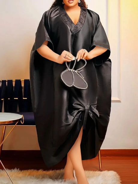 African Shiny Boubou V Neck Dresses Half Sleeves Lace Patchwork