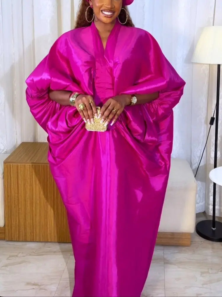 Elegant Women Long Boubou Dresses Pleated Evening V Neck Lantern Sleeve African